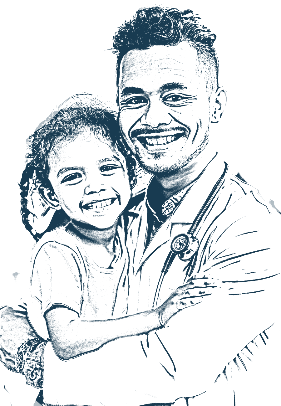 Illustration of a paediatrician holding a smiling child
