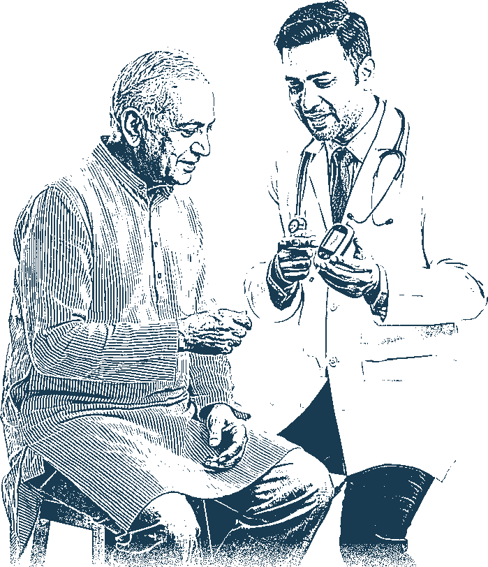 Illustration of a doctor showing an elderly man his blood-sugar reading